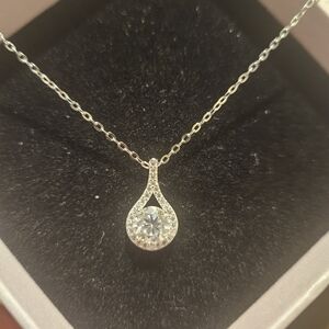 Moissanite Teardrop Halo Pendant Silver Chain Necklace